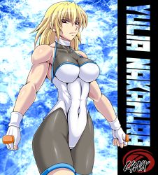 Rule 34 | 1girl, blonde hair, breasts, character name, cleavage, cowboy shot, english text, fingerless gloves, gloves, highres, leotard, muscular, nakamura yulia, original, red eyes, solo, taroimo (00120014)