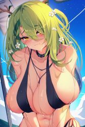 Rule 34 | 1girl, absurdres, alternate breast size, antlers, beach umbrella, bikini, black bikini, breasts, ceres fauna, choker, flower, green hair, hair flower, hair ornament, highres, hololive, hololive english, horns, huge breasts, jewelry, multicolored eyes, navel, necklace, solo, swimsuit, the0neulost, tree horns, umbrella, virtual youtuber, water drop, wet