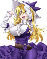 Rule 34 | 1girl, :d, arms up, belt, blonde hair, blush, bow, breasts, brown belt, center frills, commentary request, cowboy shot, dress, fang, frills, hair between eyes, hat, hat bow, highres, juliet sleeves, large breasts, long hair, long sleeves, looking at viewer, open mouth, puffy sleeves, purple bow, purple dress, rihito (usazukin), simple background, smile, solo, standing, touhou, watatsuki no toyohime, white background, white hat, yellow eyes