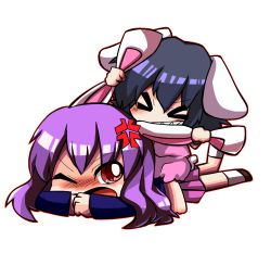 Rule 34 | &gt; &lt;, 2girls, anger vein, animal ears, black hair, chibi, clenched teeth, closed eyes, grabbing another&#039;s ear, hand on another&#039;s ear, inaba tewi, jiro-min, light purple hair, multiple girls, rabbit ears, rabbit girl, rabbit tail, red eyes, reisen udongein inaba, simple background, skirt, tail, teeth, touhou, violence, white background