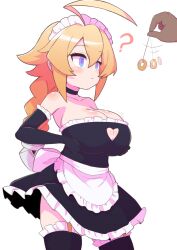 Rule 34 | 1boy, 1girl, antenna hair, apron, arc system works, bare shoulders, black choker, black dress, black gloves, black thighhighs, blazblue, blonde hair, blue eyes, blush, braid, braided ponytail, breasts, choker, cleavage, cleavage cutout, closed mouth, clothing cutout, collarbone, cowboy shot, dark-skinned male, dark skin, dress, elbow gloves, es (xblaze), expressionless, eyebrows, eyelashes, frilled dress, frilled gloves, frilled thighhighs, frills, from side, gloves, hands on own breasts, heart, heart-shaped pupils, huge breasts, hypnosis, long hair, looking at object, low ponytail, maid, maid headdress, mind control, pendulum, ponytail, shortstack, siglk, simple background, solo focus, standing, strapless, strapless dress, symbol-shaped pupils, thigh strap, thighhighs, two-tone dress, unconventional maid, white apron, white dress, white headdress, white thighhighs, xblaze
