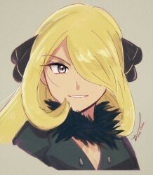 Rule 34 | 1girl, black coat, blonde hair, coat, commentary request, creatures (company), cropped torso, cynthia (pokemon), fur collar, game freak, grey eyes, hair ornament, hair over one eye, long hair, looking at viewer, nintendo, parted lips, pokemon, pokemon dppt, smile, solo, toutouart, upper body