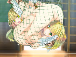 Rule 34 | 2girls, angel wings, angry, arms behind back, bdsm, blonde hair, blush, bondage, bound, bound wrists, censored, character name, feathered wings, game cg, green eyes, grin, long hair, looking at viewer, mosaic censoring, multiple girls, net, nude, open mouth, orion (orionproject), own hands together, pussy, rance (series), rance quest, rance quest magnum, rope, sandals, shouting, smile, struggling, suspension, trapped, white wings, wings