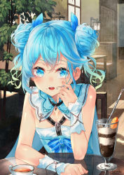 Rule 34 | 1girl, bare shoulders, blue dress, blue eyes, blue hair, blue ribbon, chair, collarbone, commentary request, couch, cup, double bun, dress, fingernails, food, food on face, glass table, gradient hair, green hair, hair between eyes, hair bun, hair ribbon, hand up, highres, indoors, multicolored hair, on chair, original, parfait, parted lips, reflection, ribbon, round teeth, saraki, saucer, side bun, signature, sitting, solo, spoon, table, tea, teacup, teeth, upper teeth only, wall lamp, window, wrist cuffs