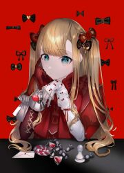 Rule 34 | 1girl, absurdres, black bow, blonde hair, blue eyes, bow, candy, candy wrapper, chess piece, closed mouth, commentary request, dress, elbow gloves, envelope, food, gloves, hair bow, heart, highres, juu ame, layered sleeves, letter, lollipop, long hair, long sleeves, looking at viewer, love letter, original, pawn (chess), puffy short sleeves, puffy sleeves, red background, red bow, red dress, red gloves, short over long sleeves, short sleeves, simple background, solo, swirl lollipop, two side up, very long hair, white gloves