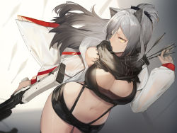 Rule 34 | 1girl, absurdres, animal ears, arknights, black scarf, black shorts, bow (weapon), breasts, cat ears, cleavage, compound bow, crop top, crossbow, highres, holding, holding bow (weapon), holding crossbow, holding weapon, jacket, jam (nandade), large breasts, long hair, looking at viewer, midriff, navel, open clothes, ponytail, quiver, scarf, schwarz (arknights), short shorts, shorts, silver hair, solo, stomach, thighs, weapon, yellow eyes