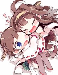 Rule 34 | &gt; o, 10s, 2girls, ;d, bad id, bad pixiv id, blush stickers, brown hair, chibi, closed eyes, fang, hairband, heart, hiei (kancolle), hug, japanese clothes, kantai collection, kongou (kancolle), kyou (nekoneko), multiple girls, no legwear, nontraditional miko, one eye closed, open mouth, short hair, simple background, skirt, smile, thighhighs, white background