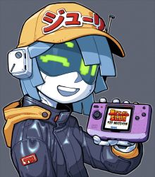 Rule 34 | 1girl, baseball cap, blue hair, cameron sewell, commentary, english commentary, game console, green eyes, handheld game console, hat, highres, holding, holding handheld game console, humanoid robot, jacket, joulie (cameron sewell), leather, leather jacket, metal slug, neo geo pocket color, one eye closed, open mouth, original, robot, smile, solo, visor