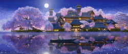 Rule 34 | 1girl, architecture, black hair, boat, building, cat, cherry blossoms, city lights, commentary request, east asian architecture, full moon, highres, lake, lantern, moon, night, night sky, original, outdoors, petals, reflection, reflective water, scenery, sky, star (sky), starry sky, tenca arts, tower, tree, very wide shot, watercraft