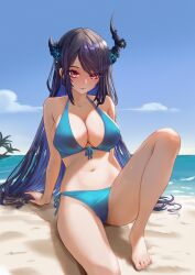 Rule 34 | 1girl, absurdres, asymmetrical horns, barefoot, beach, bikini, black hair, blue bikini, blue hair, blue sky, blush, breasts, cleavage, cloud, colored inner hair, demon horns, feet, front-tie bikini top, front-tie top, highres, hololive, hololive english, horns, large breasts, long hair, looking at viewer, mirowin, mole, mole under eye, multicolored hair, nerissa ravencroft, red eyes, sand, side-tie bikini bottom, sky, solo, swimsuit, two-tone hair, uneven horns, virtual youtuber