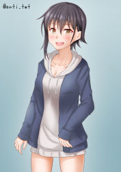 Rule 34 | 1girl, alternate costume, anti (untea9), asymmetrical hair, black hair, blue background, blue jacket, breasts, brown eyes, casual, cleavage, collarbone, cowboy shot, dress, gradient background, hair between eyes, highres, hooded dress, i-14 (kancolle), jacket, kantai collection, lips, long sleeves, looking at viewer, open mouth, short hair, small breasts, solo, twitter username