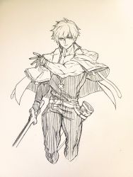 Rule 34 | 1boy, bare pectorals, belt, closed mouth, collarbone, ebi pri shrimp, fingerless gloves, gloves, guilty gear, guilty gear strive, hair between eyes, hatching (texture), holding, holding weapon, jacket, jacket on shoulders, ky kiske, male focus, monochrome, muscular, muscular male, partially fingerless gloves, pectorals, scabbard, sheath, sketch, solo, unsheathed, weapon