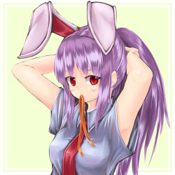 Rule 34 | 1girl, adjusting hair, animal ears, blush, dress shirt, extra ears, highres, kys (k-k2), long hair, mouth hold, necktie, ponytail, purple hair, rabbit ears, red eyes, red necktie, reisen udongein inaba, shirt, solo, touhou