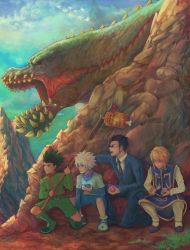 Rule 34 | 4boys, absurdres, black sclera, blonde hair, blue eyes, blue jacket, blue neckwear, blue pants, blue shorts, bone, boned meat, boots, business suit, cloud, cloudy sky, collared shirt, colored sclera, crossover, day, deviljho, dinosaur, dragon, drooling, electricity, expressionless, fishing rod, food, formal, full body, gon freecss, green eyes, green footwear, green hair, green jacket, green shorts, half-closed eyes, hiding, highres, holding, holding fishing rod, hunter x hunter, jacket, killua zoldyck, kneeling, kurapika, leorio paladiknight, long sleeves, male focus, meat, monster hunter (series), mountain, multiple boys, necktie, open mouth, orange eyes, outdoors, pants, red eyes, scar, sharp teeth, shirt, short sleeves, shorts, sideburns, sky, smile, spiked hair, spikes, squatting, suit, suit jacket, sunglasses, sweat, teeth, uchi vs the world, white hair, white pants, white shirt, wing collar