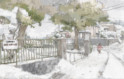Rule 34 | 1girl, bad id, bad pixiv id, child, fence, footprints, house, original, park, power lines, real world location, road, scenery, short twintails, snow, street, tree, twintails, wamizu
