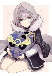 1girl add_(fate) black_cloak black_dress blue_eyes border cape cloak closed_mouth dress fate_(series) flower full_body fur-trimmed_cloak fur_trim gray_(fate) grey_cape grey_hair hair_between_eyes head_tilt highres hood hood_up hooded_cape kak_hac light_frown long_sleeves looking_at_viewer lord_el-melloi_ii_case_files orange_background outside_border seiza short_hair simple_background sitting solo white_border