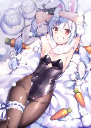 Rule 34 | 1girl, animal ears, armpits, arms up, bare shoulders, black gloves, black leotard, blue hair, bow, braid, breasts, brown pantyhose, carrot hair ornament, cleavage, commentary request, detached sleeves, don-chan (usada pekora), dress, feet out of frame, food-themed hair ornament, fur-trimmed dress, fur-trimmed gloves, fur trim, gloves, grin, groin, hair between eyes, hair bow, hair ornament, has bad revision, has lossy revision, highres, hololive, hololive english, leotard, looking at viewer, lying, medium breasts, multicolored hair, ninomae ina&#039;nis, on back, open clothes, open dress, pantyhose, puffy short sleeves, puffy sleeves, rabbit ears, red eyes, rei (rei&#039;s room), sakura miko, short sleeves, smile, snow, snowman, strapless, strapless leotard, thick eyebrows, thigh gap, twin braids, twintails, two-tone hair, usada pekora, usada pekora (1st costume), virtual youtuber, white bow, white dress, white hair, white sleeves