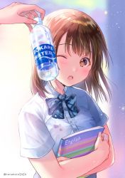 Rule 34 | 1girl, :o, blue bow, blue bowtie, blush, book, bottle, bow, bowtie, brand name imitation, breasts, brown eyes, brown hair, commentary, crossed arms, dress shirt, dripping, english text, hanekoto, holding, holding book, holding bottle, light particles, medium breasts, one eye closed, original, pocari sweat, shirt, short hair, short sleeves, solo focus, striped bow, striped bowtie, striped clothes, striped neckwear, surprised, twitter username, upper body, white shirt