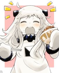 Rule 34 | 10s, 1girl, abyssal ship, ahoge, blush, bow, chopsticks, dress, food, food on face, horns, kantai collection, long hair, mittens, nayuhi (yukimuu14), northern ocean princess, open mouth, pale skin, rice, rice on face, silver hair, solo, ^^^, white dress