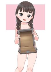 Rule 34 | 1girl, black eyes, black hair, box, collarbone, feet out of frame, gluteal fold, kantai collection, landing gear, landing ship no. 101 (kancolle), long hair, low twintails, nassukun, nude, smile, solo, standing, twintails