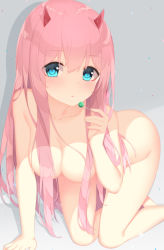 Rule 34 | 10s, 1girl, absurdres, all fours, ass, blue eyes, blush, breasts, candy, cleavage, darling in the franxx, food, highres, horns, jyt, lollipop, long hair, looking at viewer, medium breasts, nude, parted lips, pink hair, solo, very long hair, zero two (darling in the franxx)