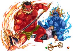 Rule 34 | 3boys, alpha transparency, amamiya (ammami8), axe, bara, black sclera, blue skin, colored sclera, colored skin, fallen down, fire, gouki (housamo), horns, loincloth, long sideburns, male focus, multiple boys, muscular, muscular male, official art, oni, oni horns, open mouth, red skin, short hair, sideburns, thick eyebrows, tohno motosumi, tokyo houkago summoners, transparent background, vajra (object), water, yellow eyes, zenki (housamo)