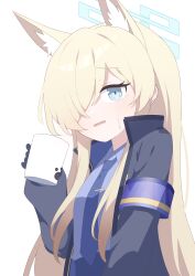 Rule 34 | 1girl, absurdres, animal ears, blonde hair, blue archive, blue eyes, cup, dog ears, grey jacket, hagoonha, halo, highres, holding, holding cup, jacket, kanna (blue archive), long hair, looking at viewer, necktie, purple armband, purple necktie, purple shirt, sharp teeth, shirt, simple background, solo, teeth, white background