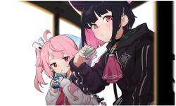 Rule 34 | 2girls, :t, ahoge, animal ears, black choker, black hair, black jacket, blue archive, blush, choker, closed mouth, drinking straw, drinking straw in mouth, eating, food, highres, holding, holding food, hood, hood down, hooded jacket, jacket, juice box, kazusa (blue archive), long hair, long sleeves, looking at viewer, macaron, multicolored hair, multiple girls, natsu (blue archive), pink eyes, pink hair, red eyes, sailor collar, school uniform, serafuku, short hair, side ponytail, siguma (13238772100), upper body