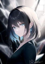 Rule 34 | 1girl, absurdres, backlighting, black hair, black shirt, blue eyes, blue hair, breasts, bright pupils, closed mouth, collarbone, colored inner hair, crystal, earrings, from side, highres, jewelry, leone (kamina0205), light particles, looking at viewer, looking to the side, medium breasts, multicolored hair, original, shirt, short hair, signature, solo, upper body