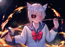 Rule 34 | &gt;:), 1girl, animal ear fluff, animal ears, artist name, black background, blue sailor collar, borrowed character, bow, bowtie, breast pocket, breasts, cat ears, collarbone, colored eyelashes, dot nose, eyepatch, fire, grey hair, holding, holding sword, holding weapon, lens flare, light blush, light particles, long sleeves, looking at viewer, medium hair, original, pocket, puffy long sleeves, puffy sleeves, pyrokinesis, qizhu, red bow, red bowtie, red eyes, saber (weapon), sailor collar, shirt, sidelocks, simple background, small breasts, sparkle, swept bangs, sword, upper body, v-shaped eyebrows, weapon, white shirt
