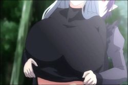 Rule 34 | animated, animated gif, bouncing breasts, breast press, breasts, clothes lift, demonion, elf, huge breasts, long hair, nipples, pointy ears, purple hair, red eyes, screencap, shirt lift, undressing, white hair