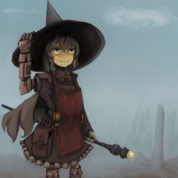 Rule 34 | 1girl, cyborg, hat, highres, original, pouch, prosthesis, prosthetic arm, solo, staff, steeam, witch, witch hat