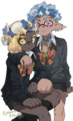 Rule 34 | 2boys, belt collar, black skirt, black socks, black sweater, blonde hair, blue hair, bow, bowtie, closed mouth, collar, commentary request, commission, dark-skinned male, dark skin, earrings, green bow, green bowtie, hand around neck, head wreath, highres, inkling, inkling boy, inkling player character, invisible chair, jewelry, kiwi splatoon, male focus, multiple boys, nintendo, pectoral cleavage, pectorals, pink bow, pink bowtie, pink eyes, pleated skirt, pointy ears, short hair, simple background, sitting, skirt, smile, socks, splatoon (series), splatoon 3, standing, sweater, tentacle hair, two-tone bowtie, white background, white collar, yellow eyes