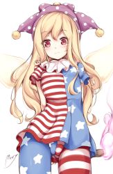 Rule 34 | 1girl, american flag dress, american flag legwear, arms behind back, bad id, bad pixiv id, blonde hair, clownpiece, contrapposto, cowboy shot, dress, fairy wings, fire, from below, hat, highres, jester cap, long hair, looking at viewer, maremay0513, neck ruff, pantyhose, polka dot, red eyes, short dress, short sleeves, signature, simple background, solo, standing, star (symbol), star print, striped clothes, striped dress, striped pantyhose, torch, touhou, very long hair, white background, wide-eyed, wings