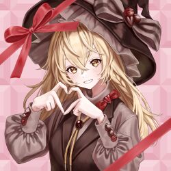 Rule 34 | 1girl, absurdres, blonde hair, blush, bow, braid, brown bow, brown hat, brown shirt, brown vest, grin, hair between eyes, hat, hat bow, heart, heart hands, highres, kirisame marisa, long hair, long sleeves, red bow, shirt, single braid, smile, solo, torinari (dtvisu), touhou, upper body, valentine, vest, witch hat, yellow eyes