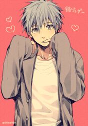 Rule 34 | 1boy, blue hair, buttons, commentary request, hand to own mouth, heart, jacket, kuroko no basuke, kuroko tetsuya, layered clothes, long sleeves, looking at viewer, lower teeth only, male focus, mashima shima, open clothes, open jacket, open mouth, pink background, shirt, short hair, solo, teeth, twitter username, upper body, white shirt