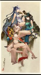 Rule 34 | 3girls, :d, ;), absurdres, alternate hairstyle, arknights, bare legs, bare shoulders, black footwear, black gloves, black hair, blue hair, blue skin, border, braid, breasts, brown background, chinese commentary, closed mouth, colored skin, commentary request, covered navel, crossed legs, cup, dragon girl, dragon horns, dragon tail, dress, dusk (arknights), dusk (everything is a miracle) (arknights), earrings, folding fan, full body, gloves, gradient skin, green dress, green hair, hair bun, hand fan, high heels, highres, holding, holding cup, holding fan, horns, jewelry, knee up, large breasts, leg tattoo, ling (arknights), long hair, looking at viewer, medium breasts, multicolored hair, multiple girls, nian (arknights), nian (unfettered freedom) (arknights), official alternate costume, one eye closed, open mouth, pelvic curtain, pointy ears, purple eyes, red eyes, red hair, red skin, shoe dangle, short hair, siblings, single glove, single hair bun, sisters, sitting, sleeveless, sleeveless dress, smile, streaked hair, tail, tattoo, two-tone hair, very long hair, weibo logo, white border, white dress, white footwear, white hair, yanyebuhuihuahua