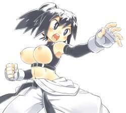 Rule 34 | 1girl, black eyes, black hair, blush, borrowed character, breasts, fighting stance, fingerless gloves, gloves, highres, kurogane arumi, large breasts, nipples, open mouth, original, outstretched hand, oyatsu (mk2), short hair, simple background, solo, white background