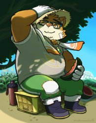 Rule 34 | 1boy, animal ears, animal nose, bandaid, bandaid on face, bara, bear boy, bear ears, belly, boots, brown eyes, brown fur, closed mouth, commentary, commentary request, corn field, dappled sunlight, fat, fat man, food, fruit, full body, furry, furry male, gem, glasses, gloves, green-framed eyewear, green gemstone, green pants, hand on headwear, hat, highres, jewelry, male focus, necklace, pants, patch, shade, short hair, sitting, smile, snout, solo, straw hat, sunlight, symbol-only commentary, thick eyebrows, tokyo houkago summoners, towel, towel around neck, tree, tsukinowadou, under tree, volos (housamo), watermelon, watermelon slice, white gloves