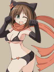 Rule 34 | 10s, 1girl, ;d, animal ears, animal hood, ass, bikini, black bikini, blush, breasts, brown hair, butt crack, cat ears, cat tail, cleavage, colored eyelashes, elbow gloves, covered erect nipples, fang, gloves, green eyes, hood, idolmaster, idolmaster cinderella girls, looking at viewer, maekawa miku, naitou kouse, one eye closed, open mouth, paw pose, scarf, short hair, smile, solo, standing, swimsuit, tail, thighhighs