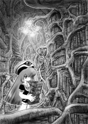 Rule 34 | 1boy, blunt ends, book, bookshelf, branch, closed mouth, commentary, concerto (that&#039;s! izumiko), expressionless, feet out of frame, glowing flower, greyscale, hat, holding, holding book, indoors, lamp, library, long hair, monochrome, neckerchief, oono yasuyuki, sailor collar, sailor shirt, shirt, short shorts, short sleeves, shorts, solo, standing, symbol-only commentary, that&#039;s! izumiko, trap, wide shot