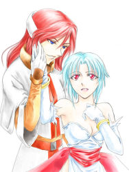 Rule 34 | 1boy, 1girl, blue hair, breasts, bridal gauntlets, cleavage, commentary request, dress, elbow gloves, father and daughter, filia (star ocean), gabriel (star ocean), gloves, long hair, pointy ears, short hair, star ocean, star ocean the second story