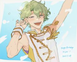 Rule 34 | 1boy, arm up, bare arms, commentary, dated, ens m i, ensemble stars!, fingernails, green hair, hand up, happy birthday, male focus, open mouth, purple eyes, short hair, sleeveless, solo, summer live (ensemble stars!), teeth, tomoe hiyori, upper body