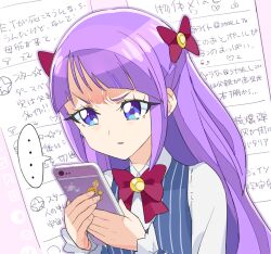 Rule 34 | ..., 1girl, angry, animal sticker, blue dress, blue eyes, bow, dress, furrowed brow, glaring, hair bow, hands up, holding, holding phone, kaguya madoka, long sleeves, looking at phone, moudoku (decopon3rd), multiple hair bows, phone, pinafore dress, pinstripe dress, pinstripe pattern, precure, purple hair, reading, red bow, shirt, sleeveless, sleeveless dress, solo, spoken ellipsis, star twinkle precure, text background, translation request, tsuchinoko, tweet, upper body, v-shaped eyebrows, white shirt