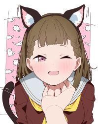 1girl 1other ;d animal_ear_fluff animal_ear_hairband animal_ears blush border braid brown_dress brown_hair cat cat-shaped_pupils cat_ear_hairband cat_ears cat_tail center-flap_bangs commentary dress drooling fake_animal_ears fake_tail hairband half-closed_eye hand_on_another&#039;s_chin hasu_no_sora_school_uniform highres kachimachi_kosuzu link!_like!_love_live! liz_(piyoko_piyop) long_hair long_sleeves looking_at_viewer love_live! motion_lines mouth_drool neckerchief one_eye_closed open_mouth outside_border pink_background pink_eyes pov pov_hands sailor_collar sailor_dress school_uniform side_ahoge side_braids smile solo_focus straight_hair symbol-shaped_pupils tail upper_body virtual_youtuber white_border white_sailor_collar winter_uniform yellow_neckerchief