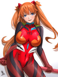 Rule 34 | 1girl, absurdres, alternate breast size, blue eyes, bodysuit, breasts, commentary request, covered navel, cowboy shot, evangelion: 3.0 you can (not) redo, gloves, hair between eyes, highres, interface headset, large breasts, light blush, long hair, looking at viewer, maskiy, neon genesis evangelion, open mouth, orange hair, pilot suit, plugsuit, rebuild of evangelion, red bodysuit, simple background, skin tight, smile, solo, souryuu asuka langley, thighs, two side up, white background