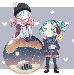 Rule 34 | 2others, ?, absurdres, alternate costume, alternate hairstyle, androgynous, antarcticite, aqua eyes, aqua hair, beanie, blue eyes, blush, boots, chibi, coat, colored eyelashes, contemporary, crystal hair, earmuffs, green eyes, green hair, hair between eyes, hat, highres, houseki no kuni, letter, mittens, multiple others, phosphophyllite, ponytail, scarf, short hair, sitting, snow globe, spoken question mark, thick eyebrows, white hair, winter clothes