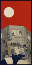 Rule 34 | 1girl, absurdres, air conditioner, bird, black border, border, building, cable, commentary request, full moon, highres, igetarou, looking outside, moon, night, original, red sky, scenery, short hair, sign, sky, tapir, toucan, window