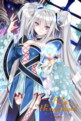 Rule 34 | 1girl, a&#039;s wonderland, bare shoulders, black thighhighs, breasts, cleavage, creayus, detached sleeves, dress, garter straps, grey hair, hair between eyes, hair ornament, jewelry, long hair, looking at viewer, medium breasts, outstretched arm, purple eyes, ring, smile, solo, thighhighs, twintails, very long hair