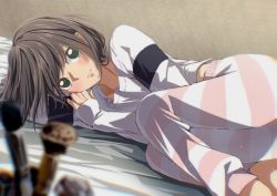Rule 34 | 1girl, ao no hako, ass, blurry, blurry foreground, brown hair, feet out of frame, green eyes, harikonoma, indoors, kano chinatsu, long sleeves, lying, on side, pajamas, striped clothes, striped pajamas